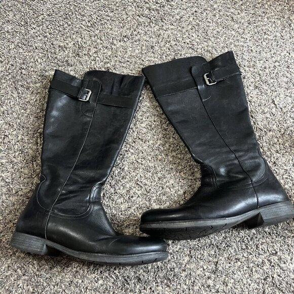 Tara M Union Black Leather Tall Riding Boots Size 41 US 10-10.5 Side Zip Buckle - Picture 2 of 8